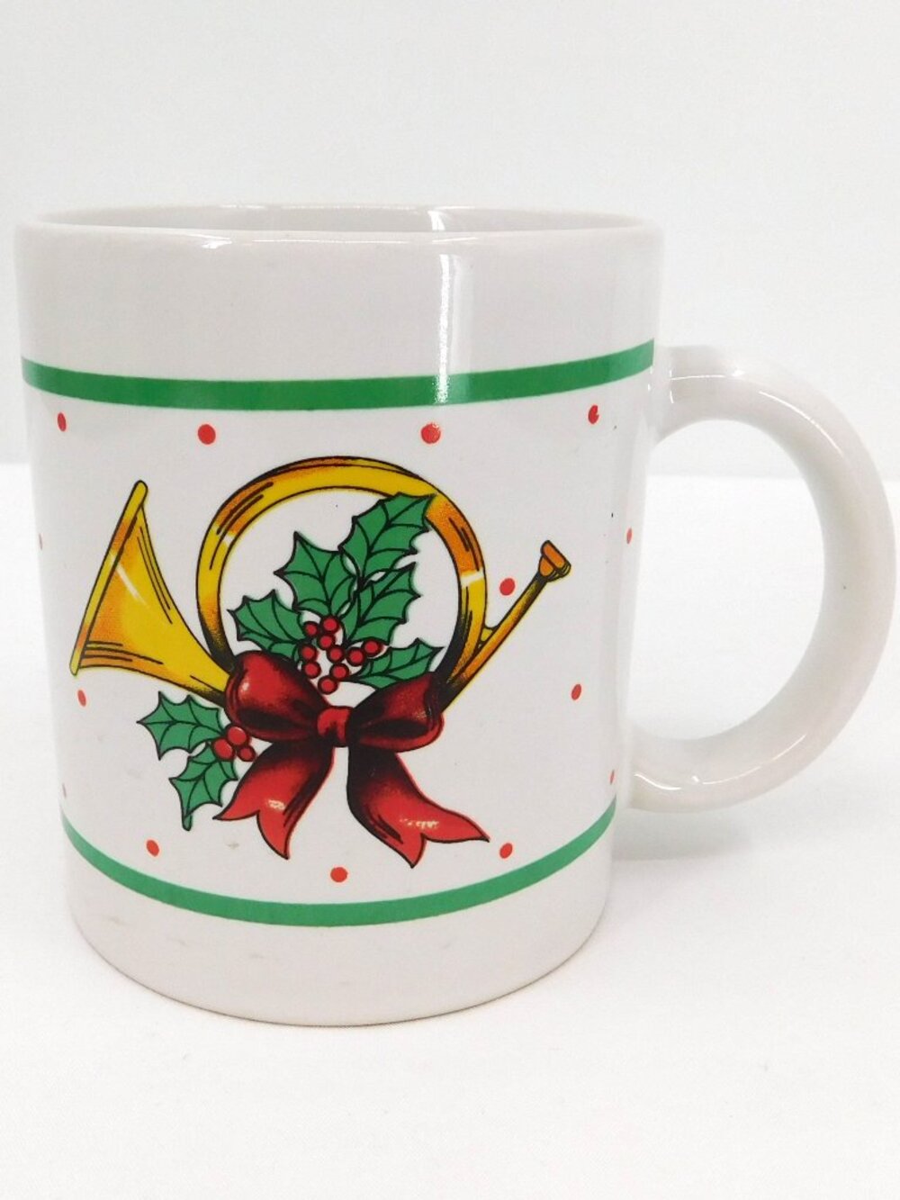 Vintage Christams Ceramic Mug w/ French Horn & Holiday Miseltoe & Red Polka Dots